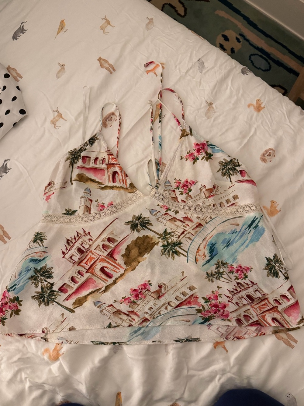 Favorite Daughter Floral Scenic Print White Halter Crop Top